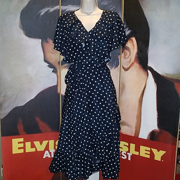 Unique Vintage Dresses & Skirts - Unique Vintage Navy Polka Dot 40s Tea Wrap Dress